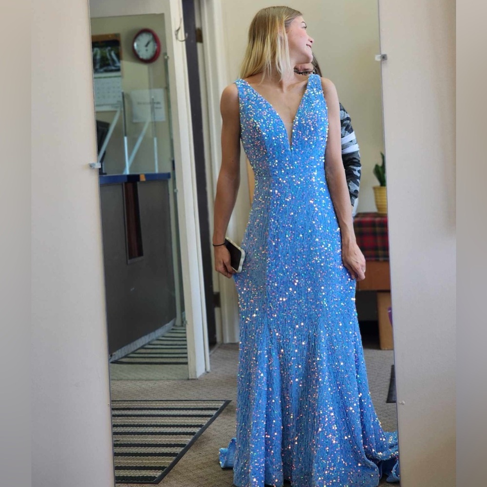 Selling my blue sparkly prom dress! Size SM, altered to fit a bit tighter.